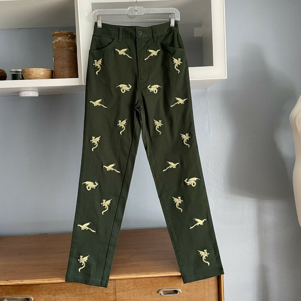 UO HOT LAVA Green Gold Embroidered Dragon Pants - Picture 1 of 6